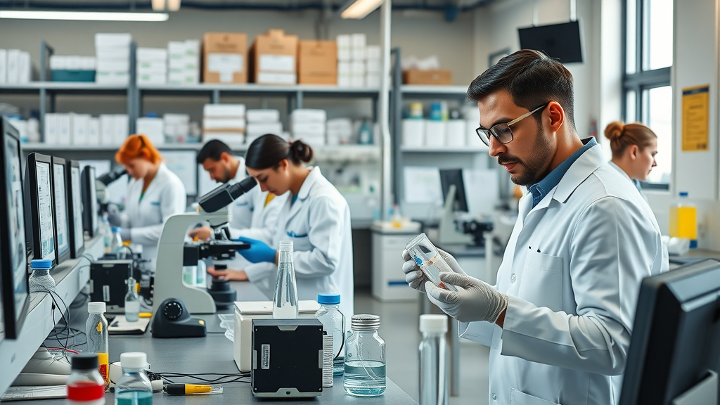 scientists at Pomona water treatment plant analyzing water samples with digital microscopes for industrial waste water treatment Pomona CA
