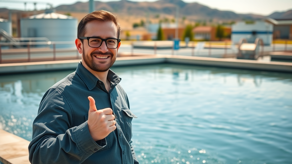 industrial waste water treatment Pomona CA plant manager showing clear water at treatment facility with urban landscape background