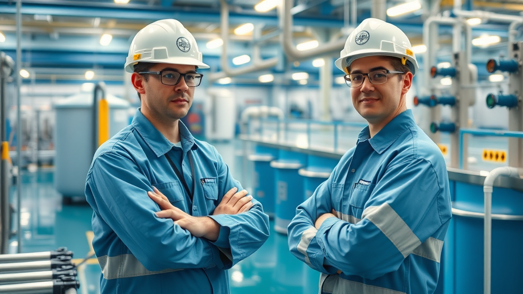 Clean modern industrial wastewater treatment facility, engineers monitoring ph balancing—through equalization and neutralization equipment