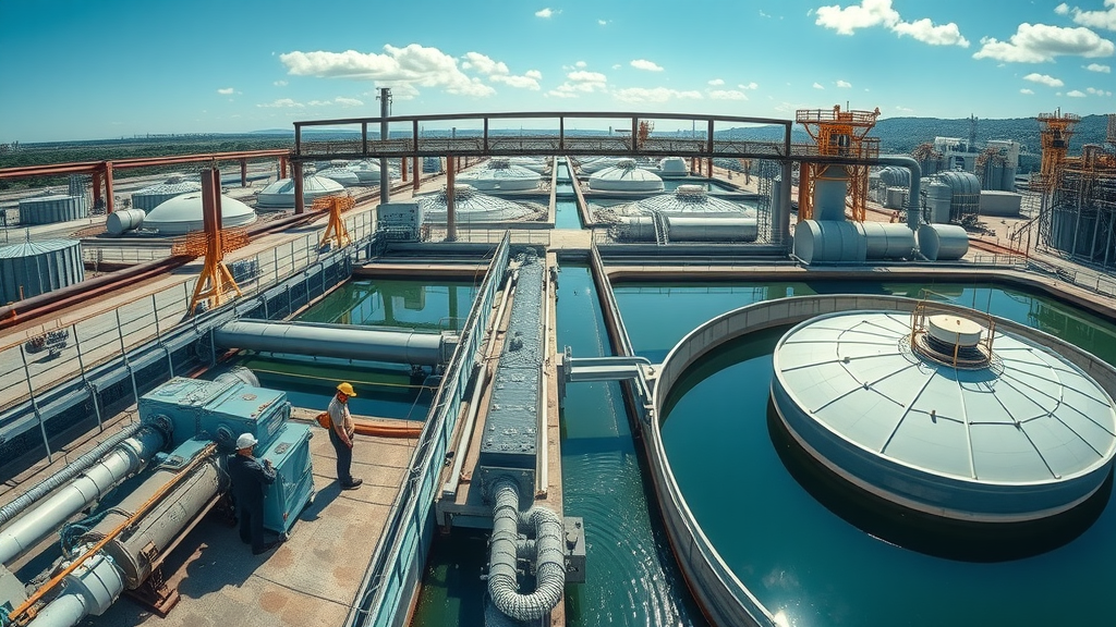 industrial waste water treatment diamond bar - modern facility panoramic view with workers and infrastructure, deep blues and metallic colors, midday sunlight