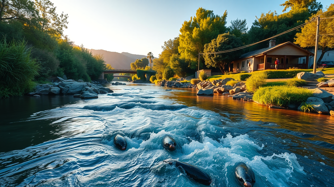 industrial waste water treatment diamond bar - healthy river, wildlife, and community enjoying clean environment, lush greenery