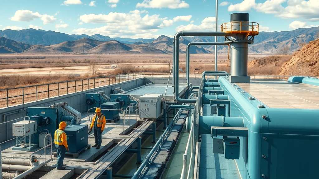 Modern industrial water treatment facility with state-of-the-art machinery in upland terrain