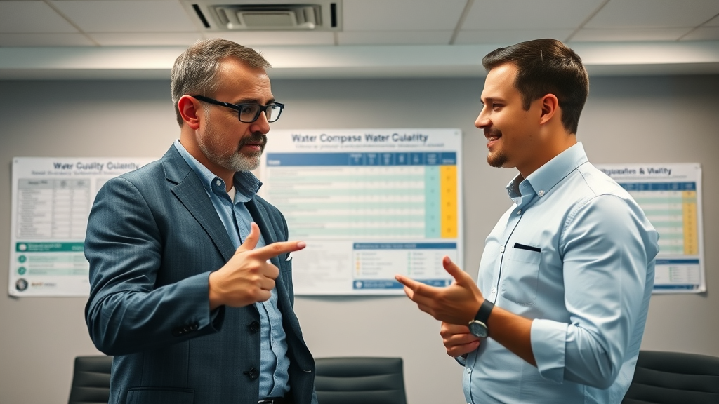 regulatory compliance expert and business owner discussing water quality requirements in California
