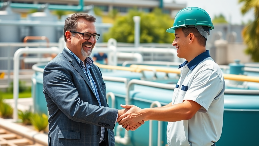 happy anaheim business owner with water treatment engineer near modern anaheim water treatment plant