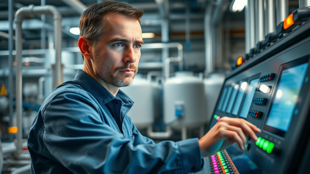 Engineer operating water treatment control panel in a high-tech Claremont facility – industrial pretreatment program