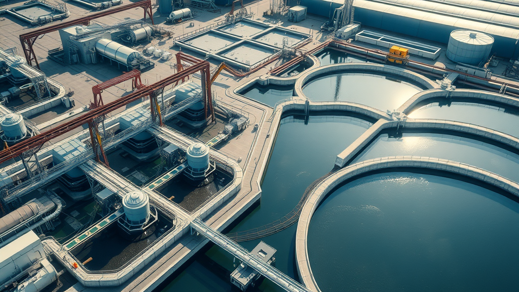 Aerial view of a modern industrial waste water treatment facility in Chino, showcasing advanced machinery and treated water channels