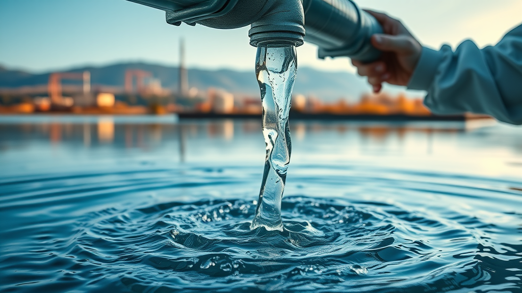 Clean water from upland industrial waste water treatment pipe in serene landscape