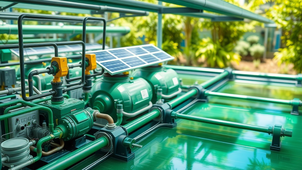 innovative industrial waste water treatment diamond bar - futuristic facility with green tech and solar panels, eco-friendly features
