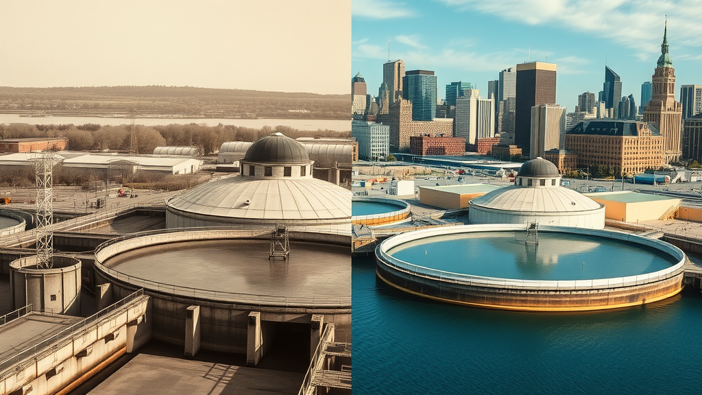 wastewater treatment diamond bar - historic and modern water treatment facility comparison over time, evolving city skyline