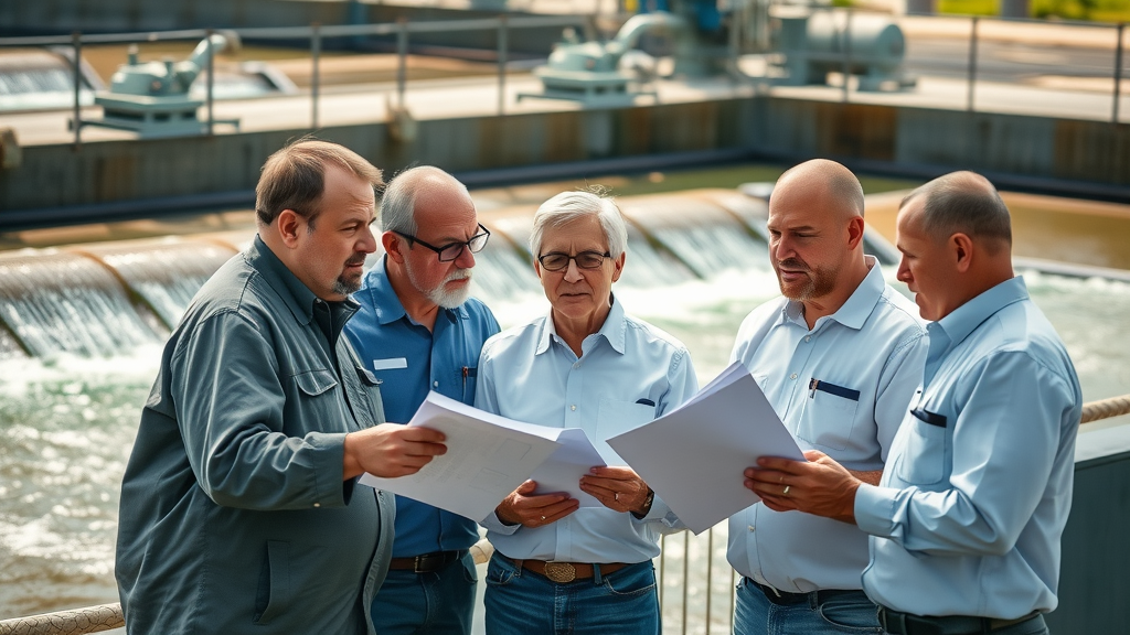 Group of professionals near Claremont water treatment tank, actively collaborating – owned treatment works