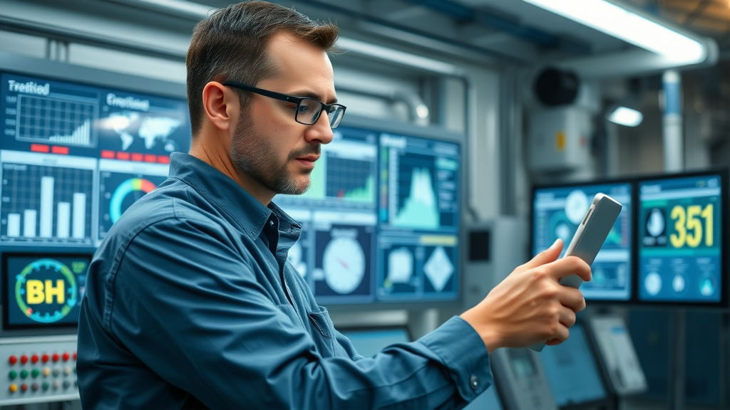 environmental manager reviewing digital pH monitoring system in California industrial facility