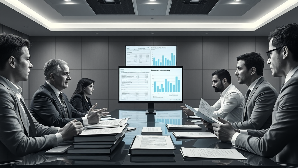 Boardroom with compliance experts reviewing wastewater treatment reports for upland industry
