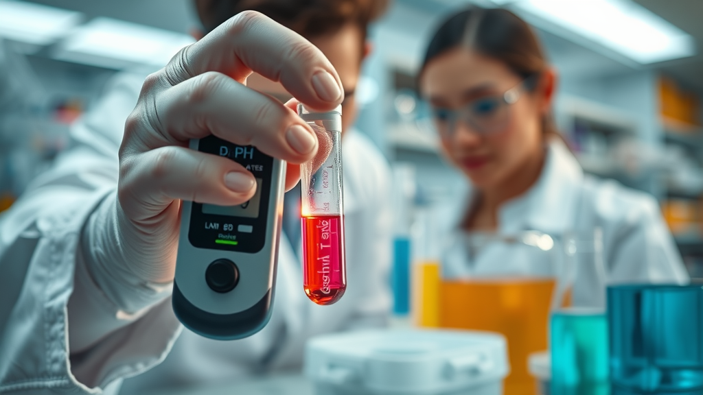 scientific ph meter testing colorful liquids for food beverage ph balancing in laboratory