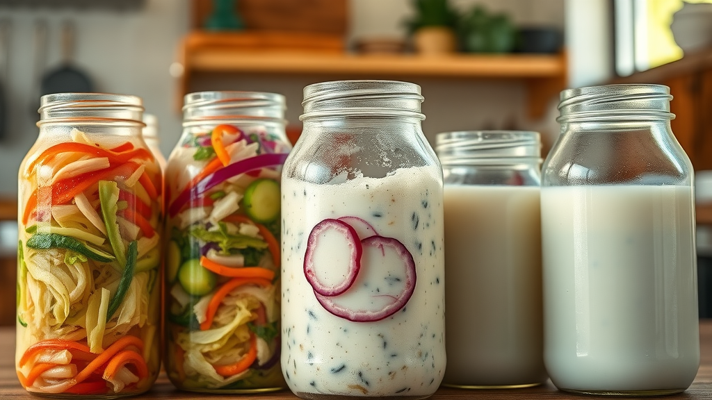 fermentation jars sauerkraut kimchi yogurt showing the food beverage ph balancing process