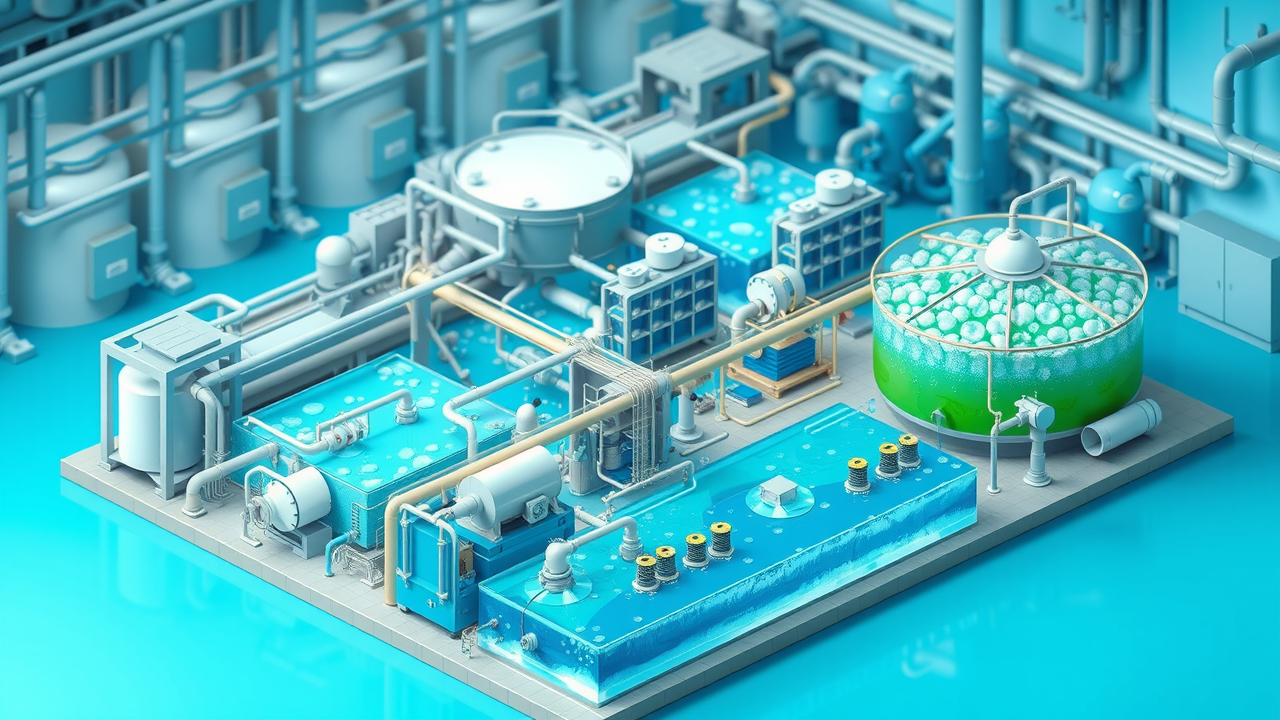 Step-by-step process of industrial waste water treatment Riverside plant showing filtration, sedimentation, and disinfection stages