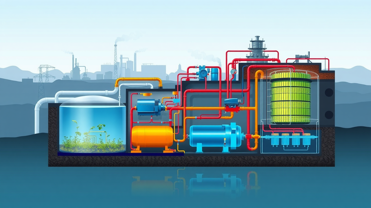 industrial waste water treatment diamond bar - diagram of wastewater flow through treatment stages with color-coded components and educational style