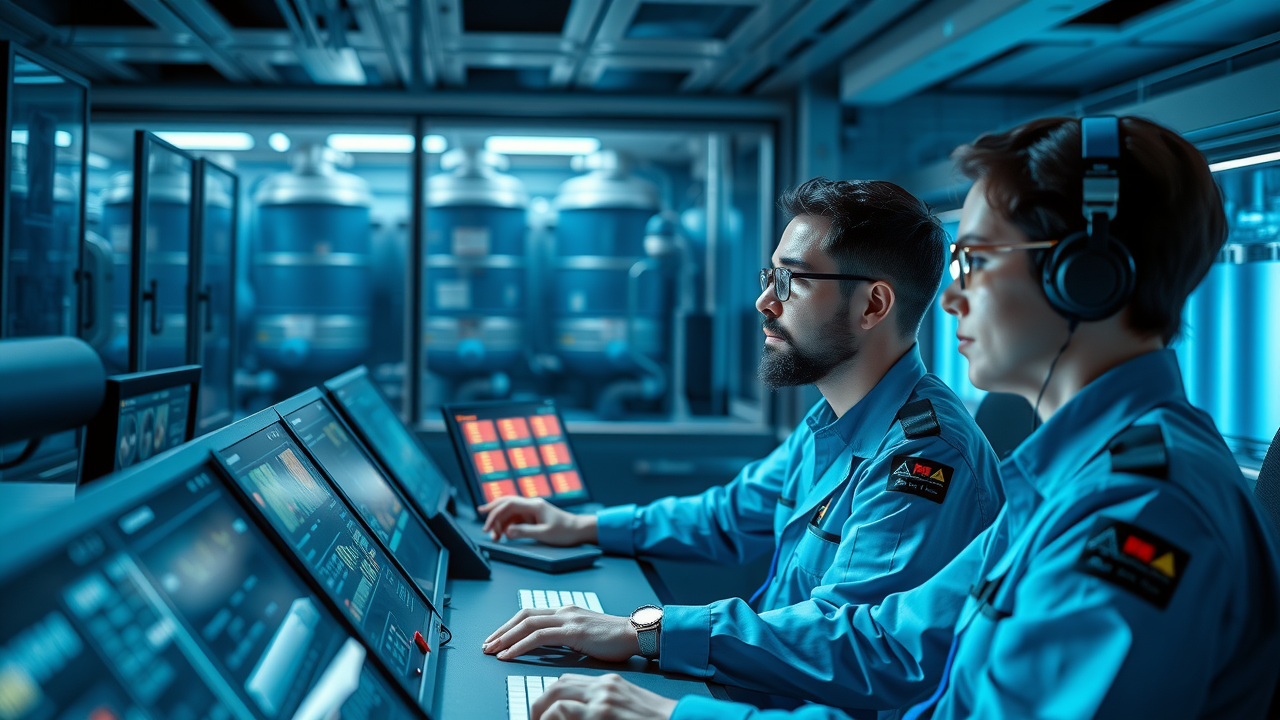 industrial waste water treatment diamond bar - control room operators monitoring digital systems, high-tech background, visible water tanks
