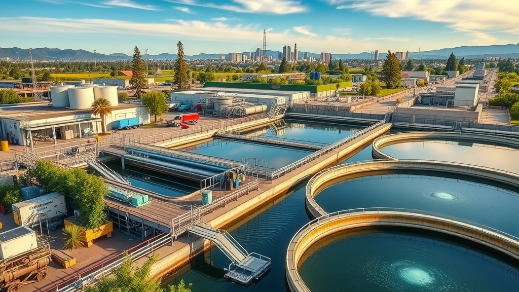 Industrial waste water treatment Riverside facility with active water flows, monitored machinery, and Riverside city skyline in the background