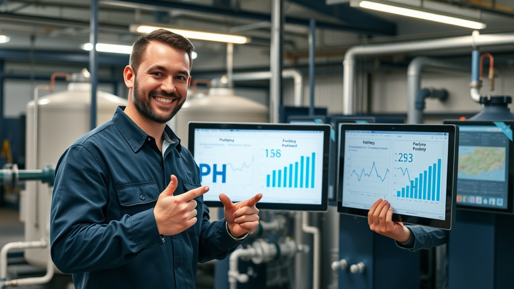 Engineers reviewing digital ph balancing—through equalization and neutralization results for improved wastewater treatment