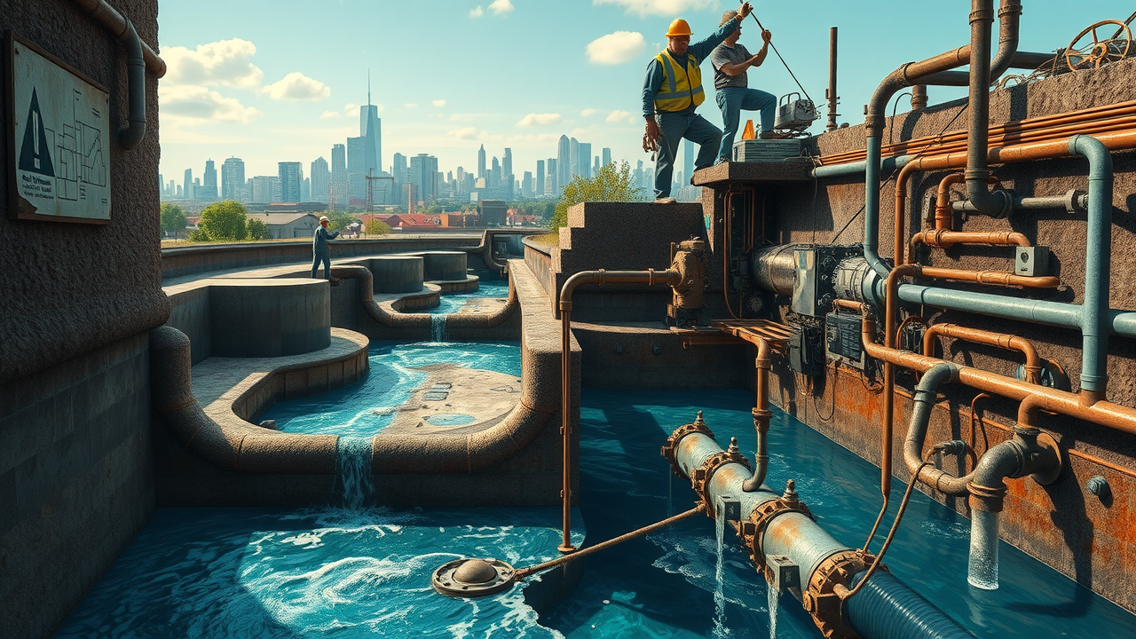 public sewer system diamond bar - underground network cutaway connected to treatment plant, workers inspecting lines
