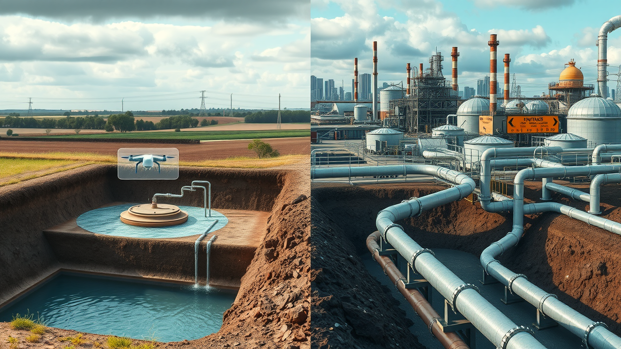 septic tank vs public sewer system diamond bar - side-by-side schematic and exterior views, rural and urban backgrounds