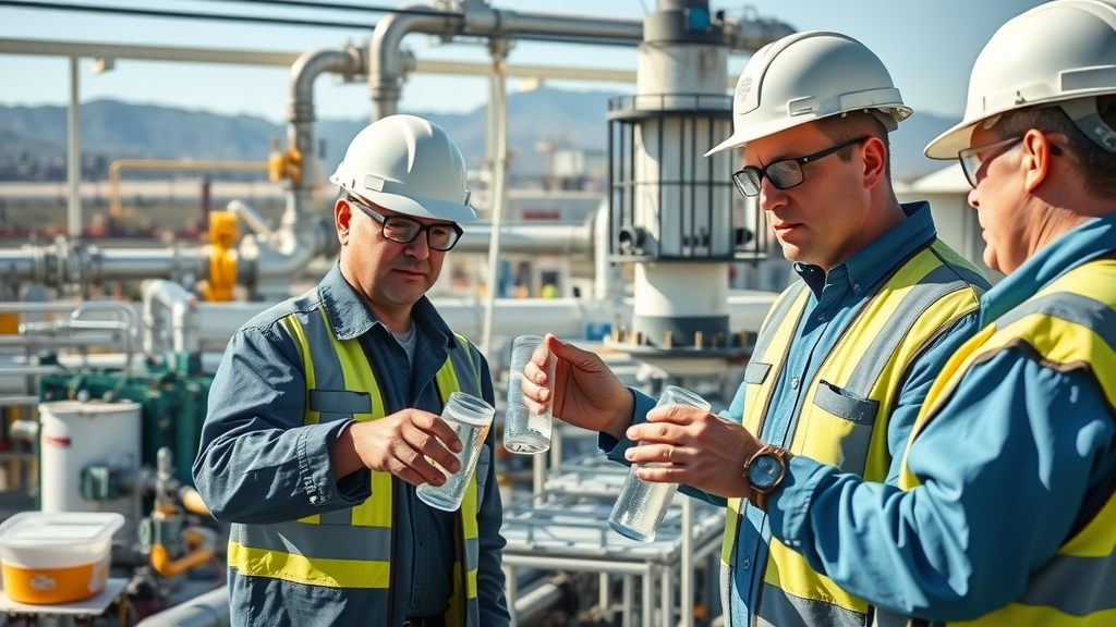 industrial waste water treatment Pomona CA engineers checking clear water at advanced reclamation plant with San Gabriel Mountains background