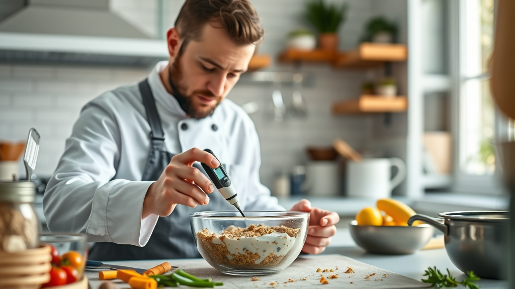 chef using ph meter to check ph level in home kitchen ingredients for food beverage ph balancing