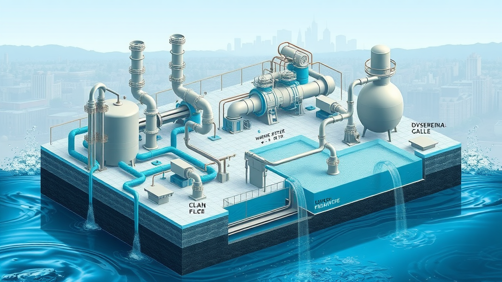 schematic view of industrial waste water treatment process in Pomona CA showing filtration, chemical, and biological treatment chambers