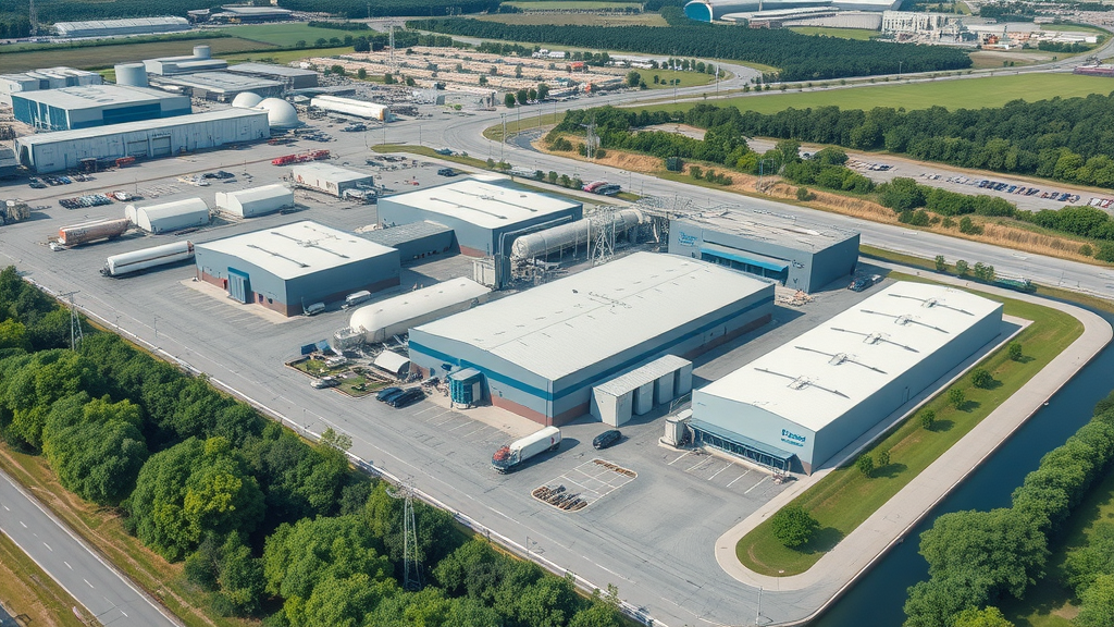 Modern industrial facility aerial view focusing on wastewater compliance consulting
