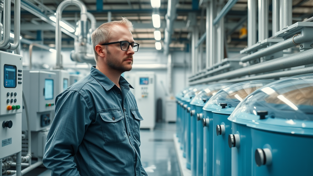 Engineer monitoring wastewater treatment plant focused on water quality management and compliance