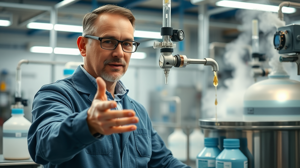 Environmental consultant demonstrating chemical dosing equipment for wastewater compliance consulting