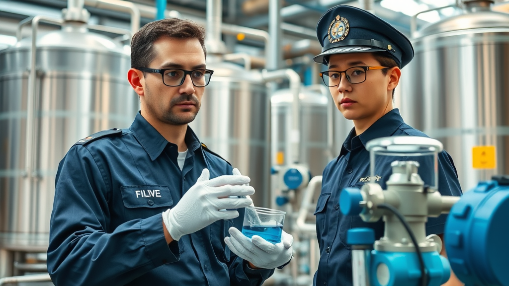Industrial inspectors conducting wastewater sampling for compliance notification