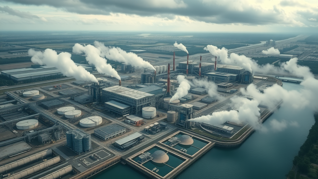 Aerial view of sprawling industrial complex discharging wastewater showing treatment areas emphasizing industrial wastewater compliance
