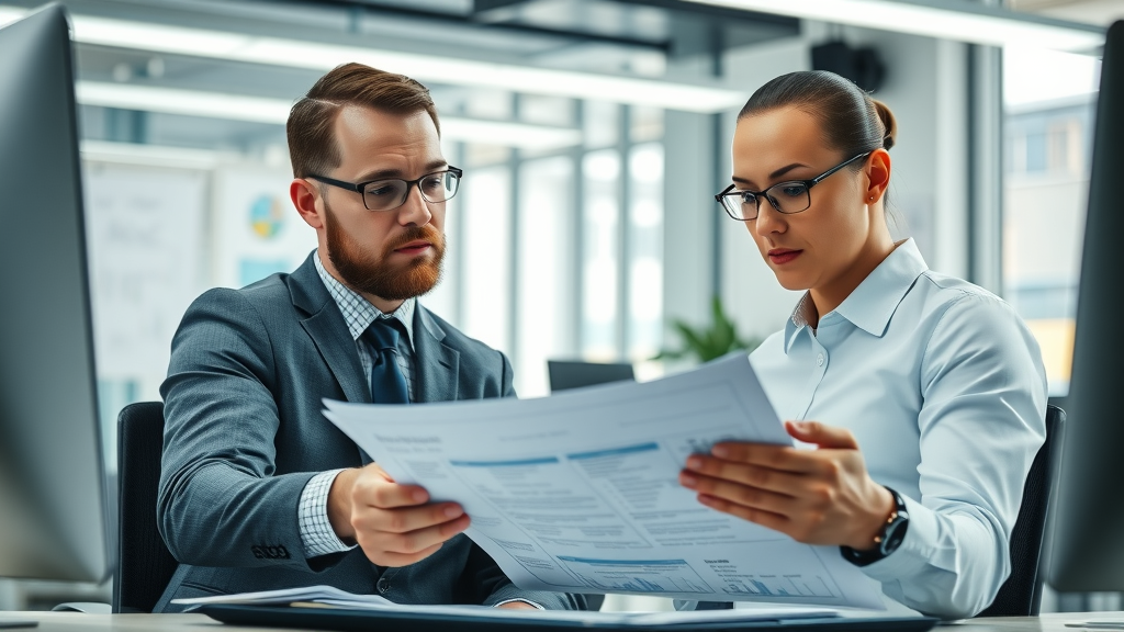 Professionals working in a regulatory compliance office reviewing industrial wastewater treatment trends and compliance reports