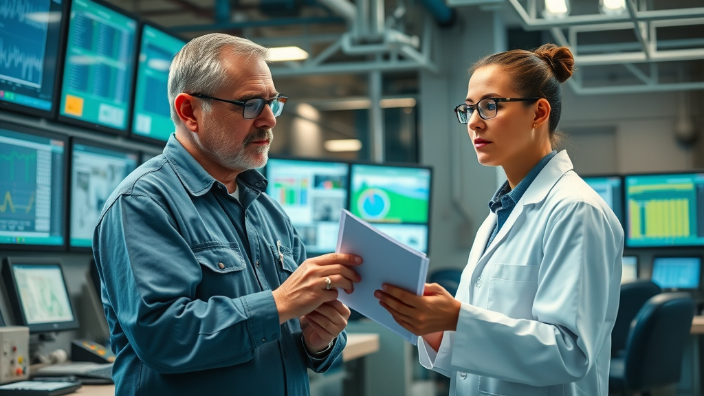 Plant manager consulting an environmental expert on industrial wastewater treatment compliance issues and trends