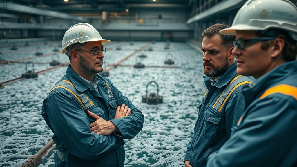 Technicians monitoring activated sludge process at wastewater treatment plant