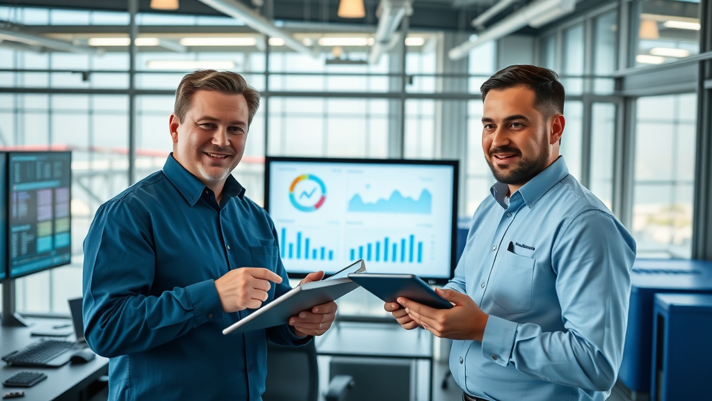 Wastewater treatment plant managers reviewing performance data on digital dashboards