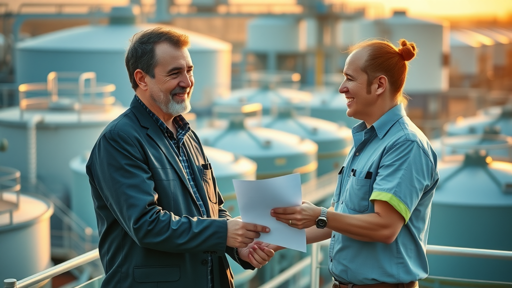 Environmental consultant and facility manager collaborating on sulfide treatment strategy at wastewater plant