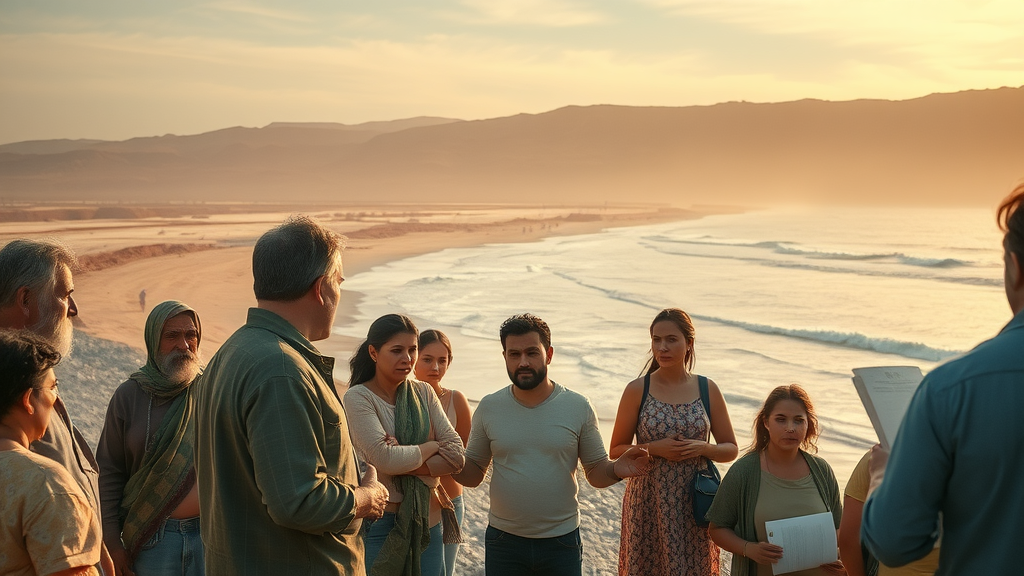Dramatic coastal water crisis, people expressing urgency, reverse osmosis desalination water treatment plant nearby an arid shoreline