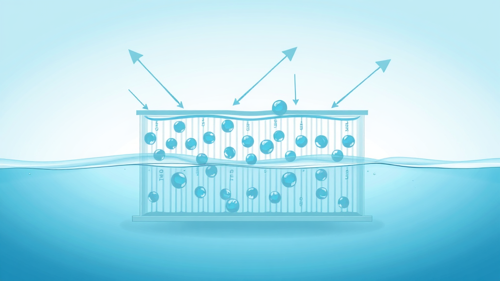 Water molecules passing through a semipermeable RO membrane; educational schematic on reverse osmosis desalination