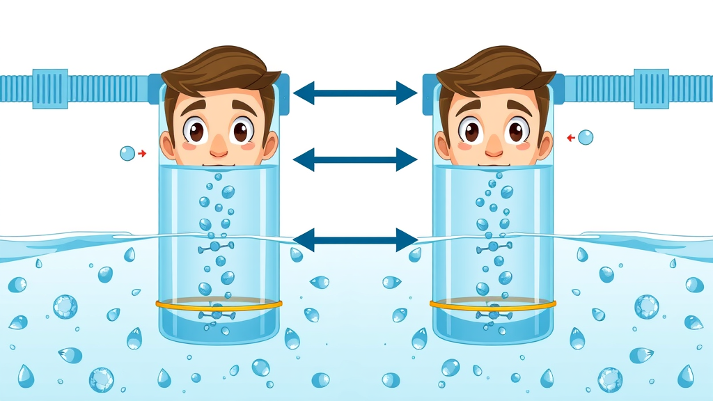 Osmosis system versus reverse osmosis system, water flow through membranes; scientific illustration for desalination plants