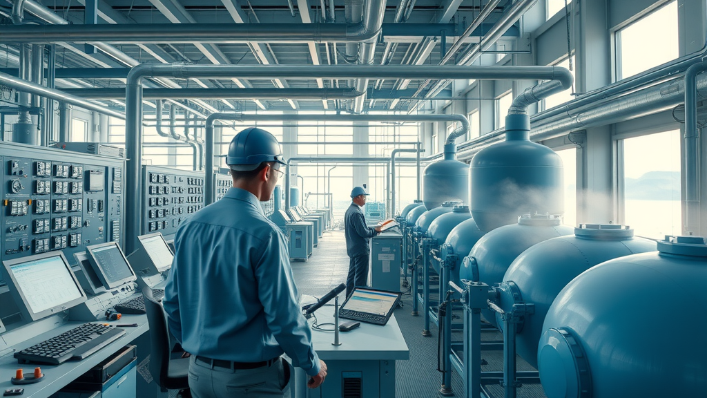 Modern industrial desalination plant with engineers monitoring reverse osmosis system