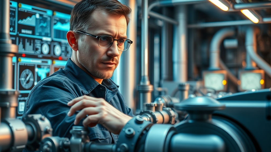 Engineer monitoring high-pressure pump and energy recovery equipment in a reverse osmosis desalination plant