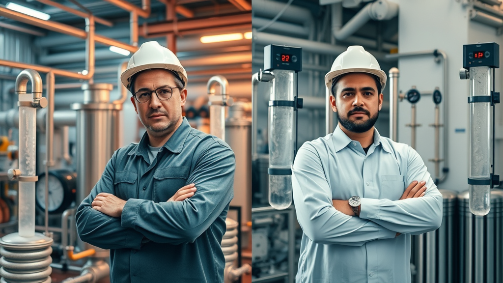 Side-by-side comparison of reverse osmosis desalination plant and distillation facility; engineers monitoring water treatment processes