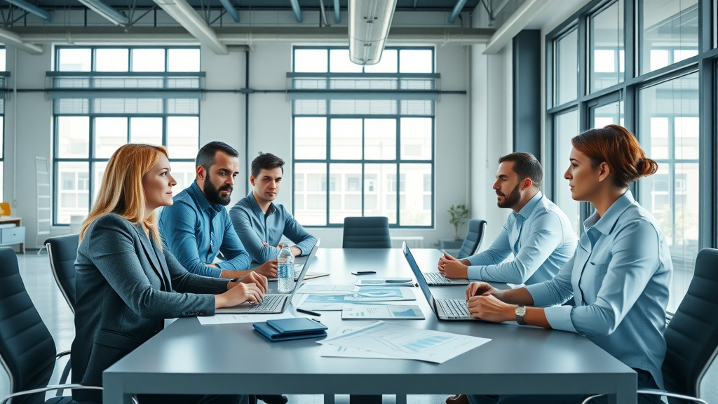 Insightful compliance team meeting with professionals discussing wastewater compliance roles and strategies in a modern industrial conference room