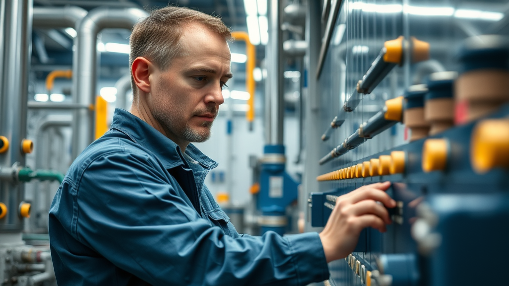 Diligent maintenance technician inspecting and adjusting wastewater treatment equipment to maintain compliance roles