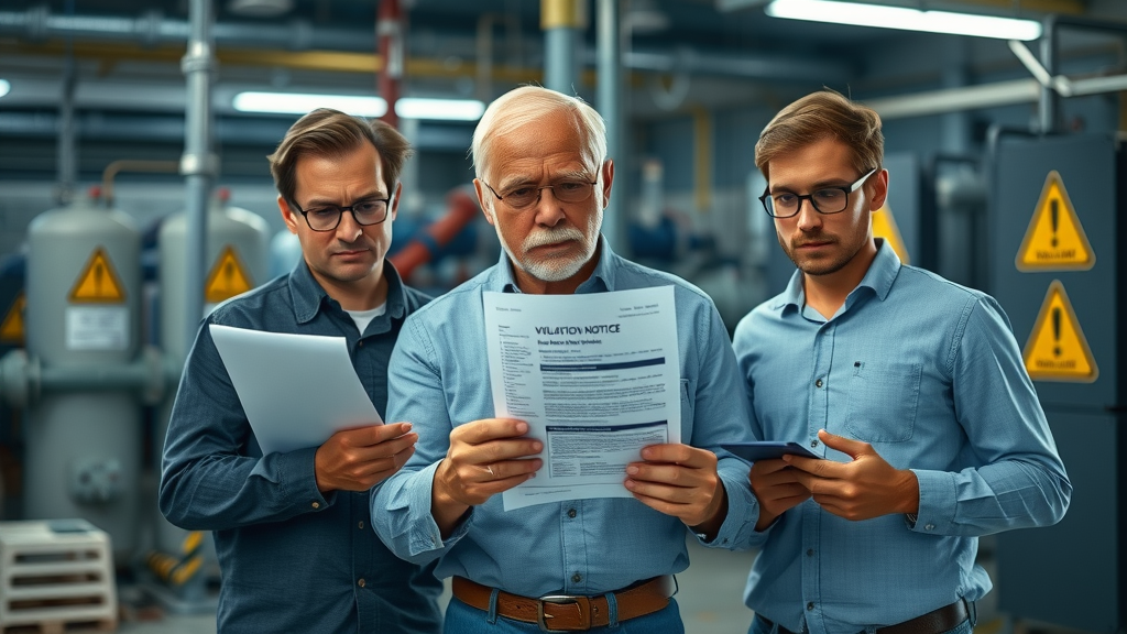 Concerned environmental compliance team reviewing wastewater non-compliance violation notice to address roles