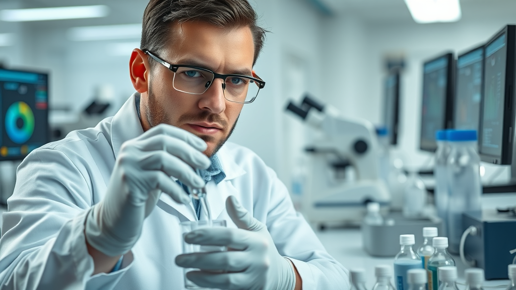Professional lab technician performing water analysis supporting wastewater compliance roles through retesting and follow-up
