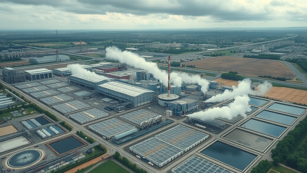 Industrial wastewater non-compliance: aerial view of industrial complex with wastewater discharge points