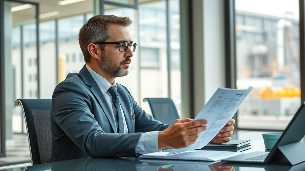 Industrial wastewater non-compliance: EHS manager reviewing compliance documents in office
